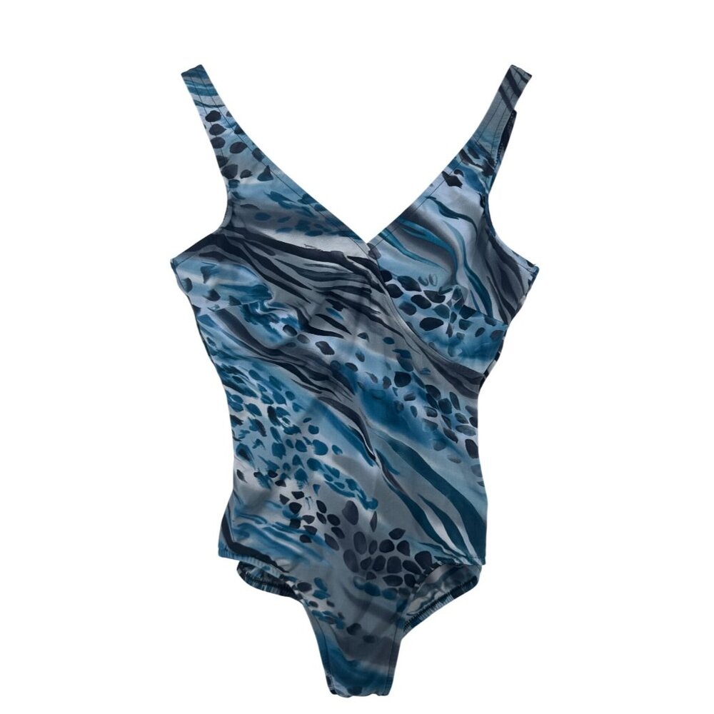 Miraclesuit Womens Swimsuit Sz 12 Blue One-Piece Geometric Artsy Tummy Control